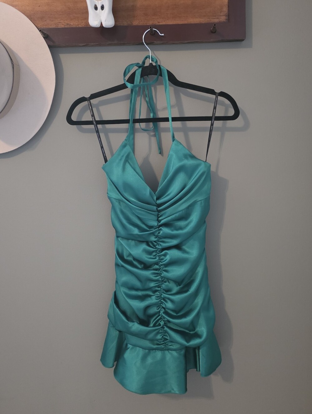 Vintage Jessica McClintock Green Ruched Halter Mini Dress Size 4